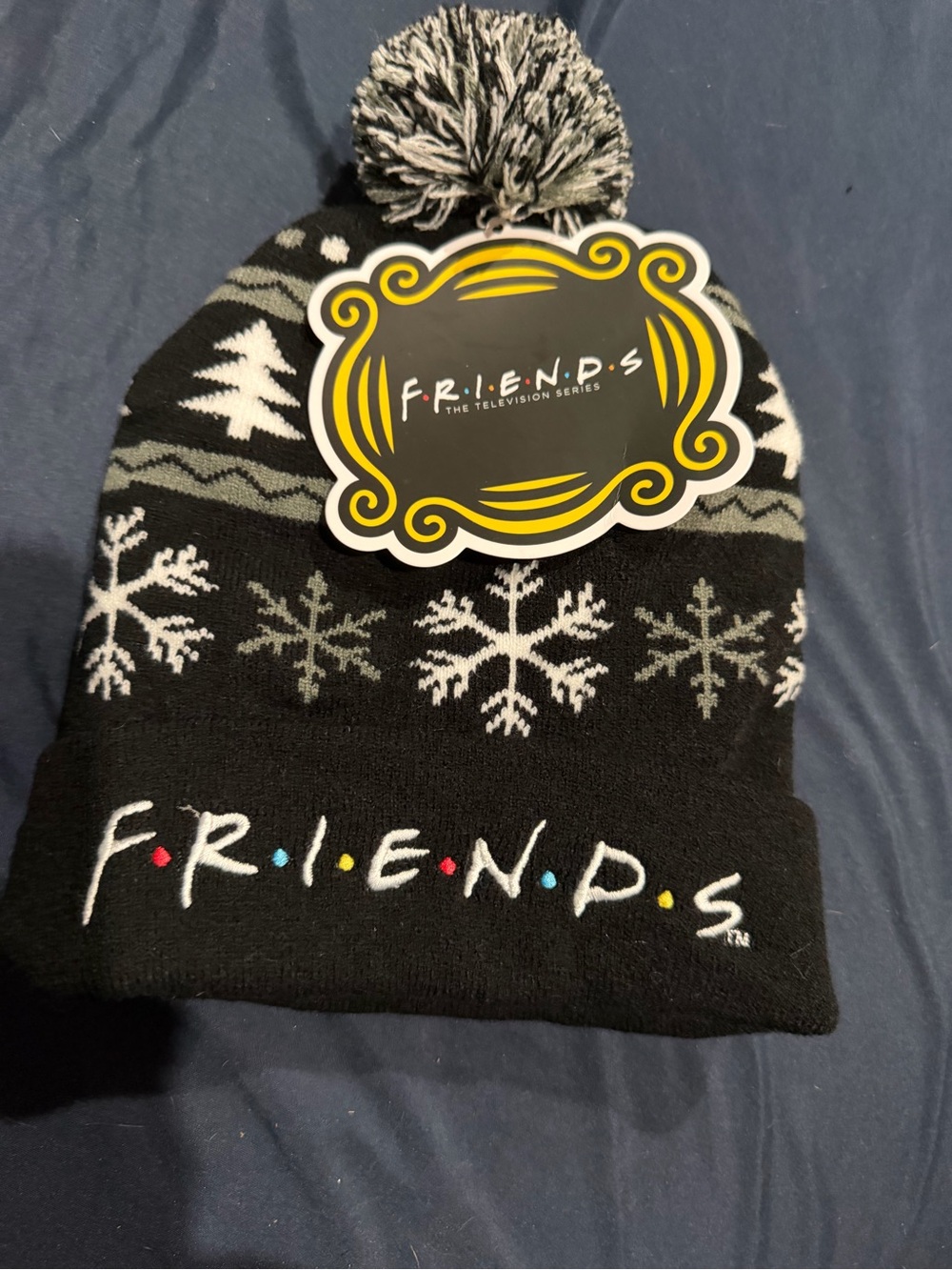 FRIENDS Black, White & Gray Snowflake Pom Beanie